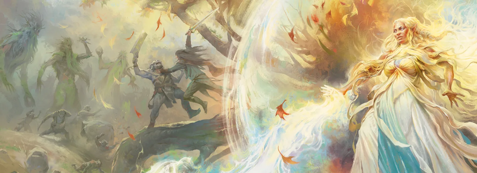 Galadriel straalt wit licht uit terwijl strijders vechten in een herfstbos