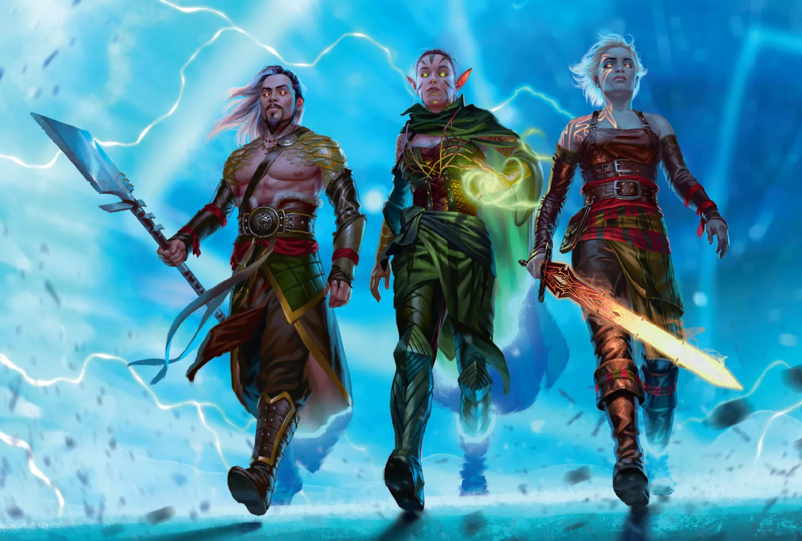 Drie planeswalkers stappen samen door een storm van blauwe bliksem