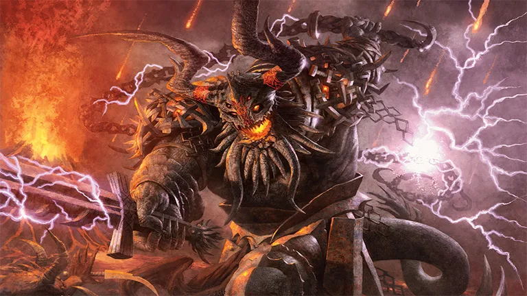 Demon Kardur met kettingen tussen vuur en bliksem